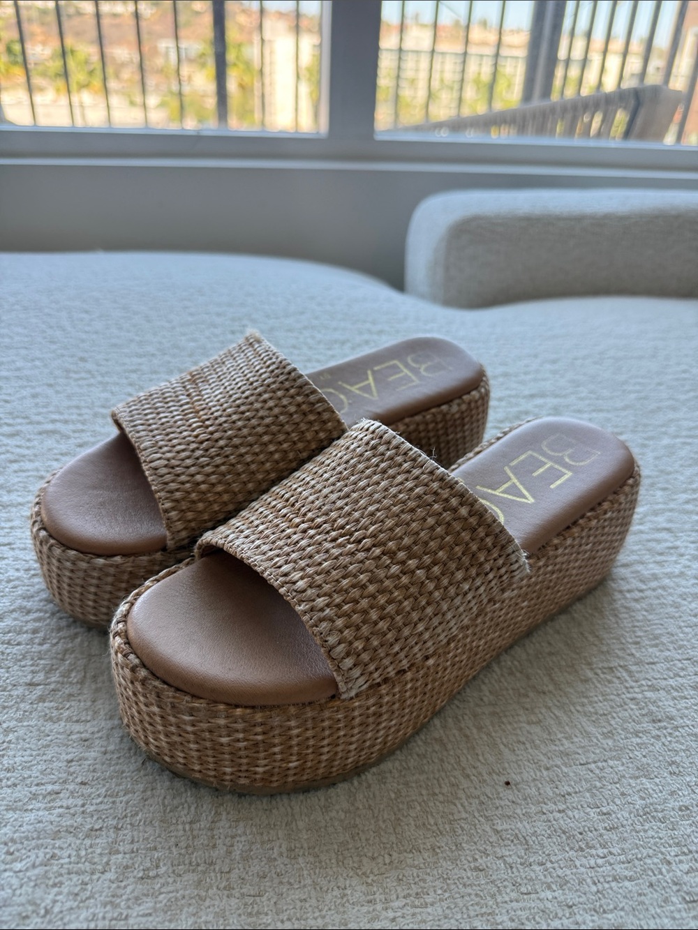Woven Platform Slide Sandals in Natural Brown
